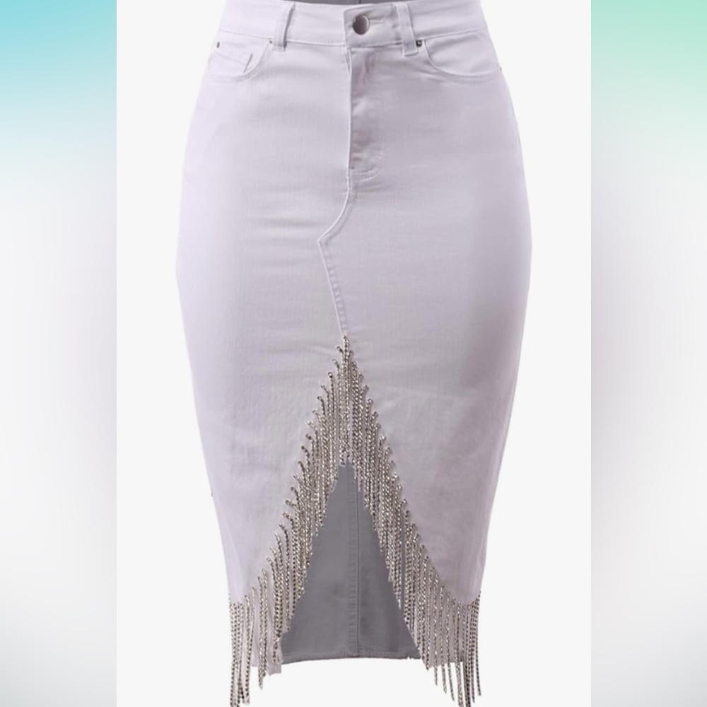 A2Y Silver Rhinestone  Embellished Midi Pencil Denim Skirt